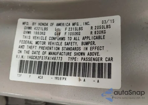 2015 Honda Accord Sport z USA, uszkodzony, nr VIN 1HGCR2F57FA146773